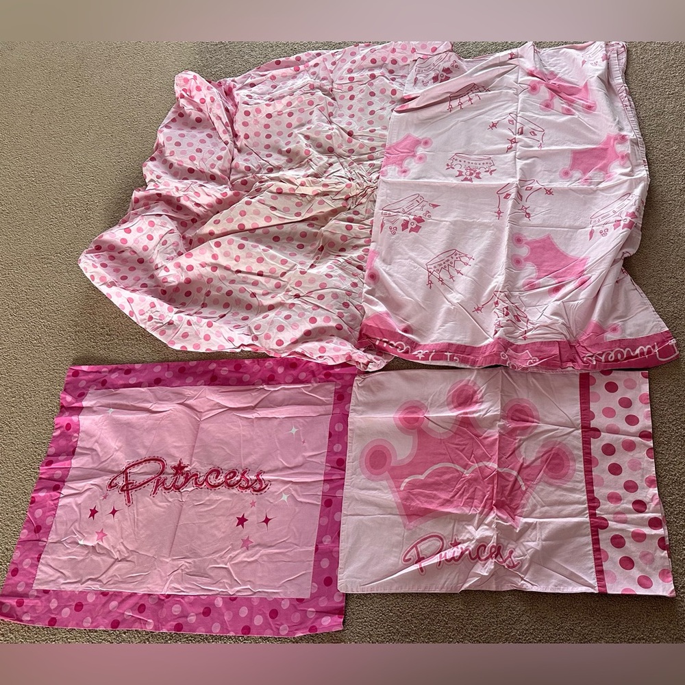 Disney Princess Pink Polka Dot and Crown 4-Piece Bedding Sheet Set - Size Twin